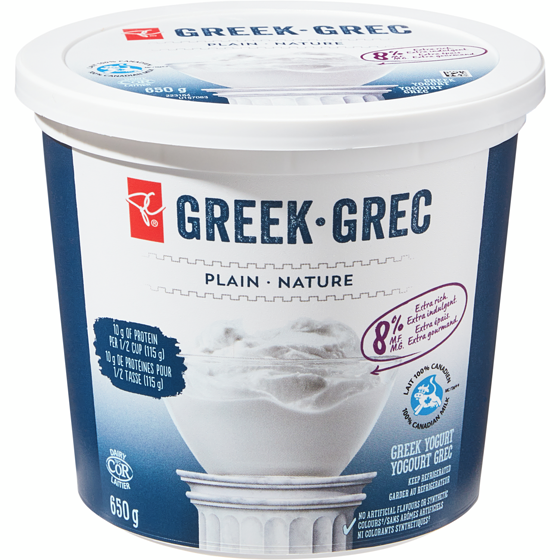 President's Choice Plain 8% Greek Yogurt 650 g, $0.85/100g