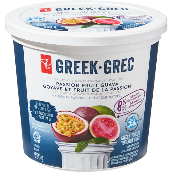 President's Choice Guava Passionfruit 8% Greek Yogurt 650 g, $0.85/100g