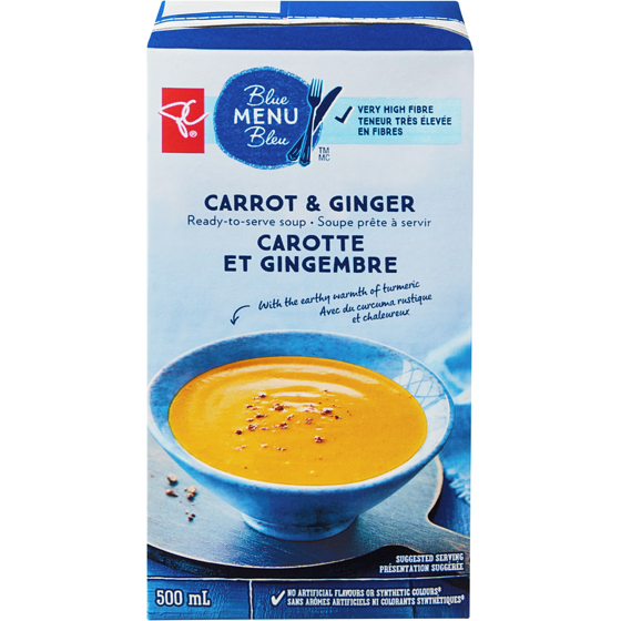PC Menu Bleu Soupe prête à servir à la carotte et gingembre 500 ml, 0,66 $/100ml