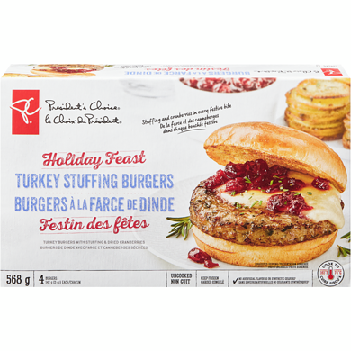 President's Choice Holiday Feast Turkey Stuffing Burgers  568 g, $1.94/100g