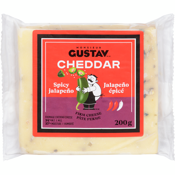 Monsieur Gustav Fromage Cheddar Jalapeno épicé 200 g, 4,25 $/100g