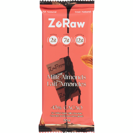 ZoRaw Milk Chocolate Bar With Protein Almonds 55 g, $8.71/100g