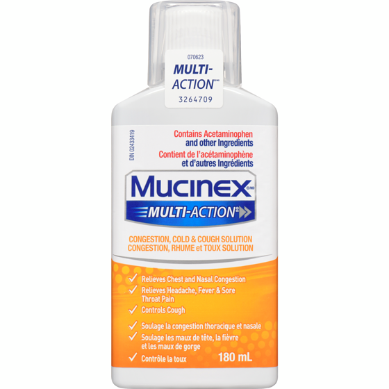 Mucinex Multi-Action Congestion, Cold & Cough Solution 180 ml, $9.72/100ml