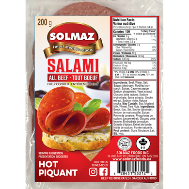 Solmaz Halal Hot Salami All Beef 200 g, $3.50/100g