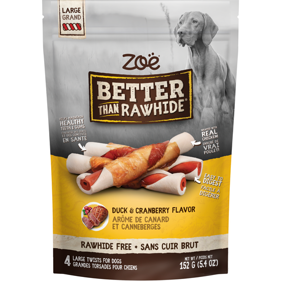 Zoe Better than rawhide grandes torsades pour chiens sans cuir brut arôme de canard et canneberges 152 g, 6,57 $/100g