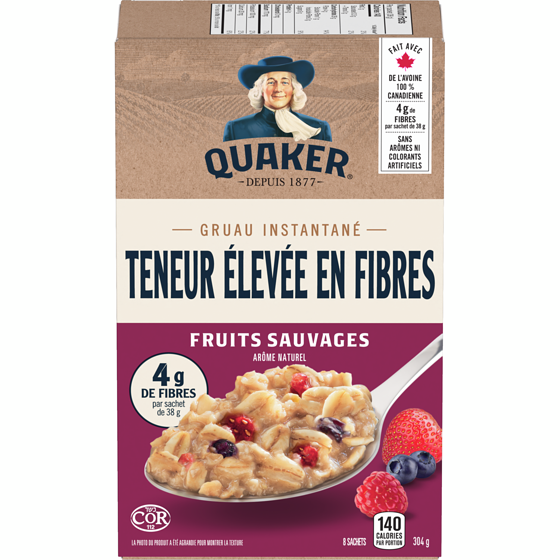 Quaker Gruau d'avoine instantané riche en fibres, baies sauvages 304 g, 1,97 $/100g