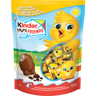 Kinder Mini Friends, chocolat au lait avec un fourrage au lait et des morceaux de biscuits. 120 g, 4,58 $/100g