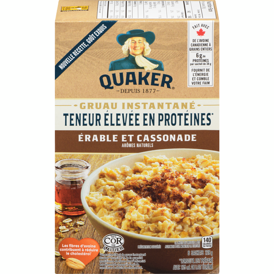 Quaker Gruau instantané Teneur élevée en protéines saveur Érable et cassonade 228 g, 1,97 $/100g