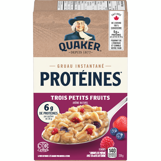 Quaker Gruau instantané Teneur élevée en protéines Trois petits fruits 228 g, 1,97 $/100g