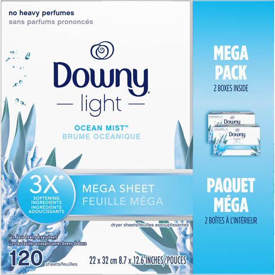 Downy Feuilles assouplissantes méga Léger, Brume océanique, 120 u 120 ea, 0,13 $/1ch