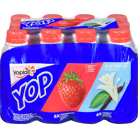 Yoplait Paquet de yogourts à boire Yop 1 %, fraise et vanille, boissons au yogourt 2400 ml, 0,46 $/100ml