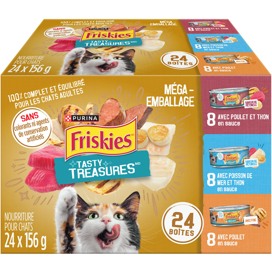 Purina Friskies Emballage Assorti Tasty Treasures, Nourriture Humide pour Chats 24 x 156 g 3.74 kg, 0,64 $/100g