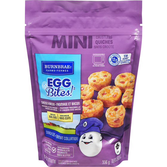 Les Fermes Burnbrae Egg bites! mini quiches sans croûte fromage et bacon format collation 336 g, 2,53 $/100g