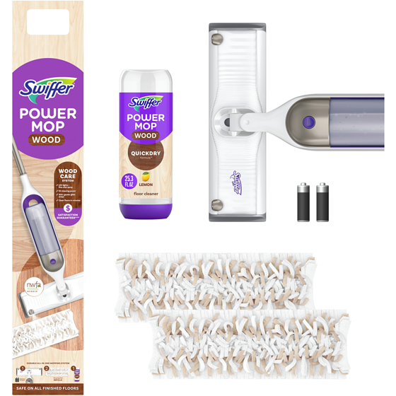 Swiffer PowerMop Wood Mop Kit for Wood Floor Cleaning, QuickDry Solution with Lemon Scent, Mopping Kit Includes PowerMop Wood, 2 Mopping Pad Refills, 1 QuickDry Wood Floor Cleaning Solution with Lemon Scent and 2 batteries 1 ea, $44.99/1ea