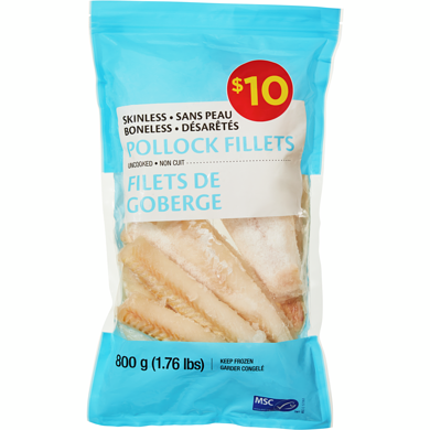 null Skinless Boneless Pollock Fillets 800 g, $1.25/100g