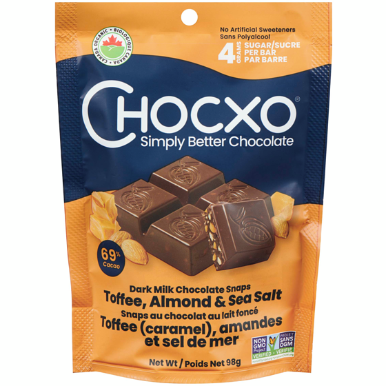 ChocXO Organic Dark Milk Chocolate Toffee, Almond & Sea Salt Snaps 98 g, $6.11/100g