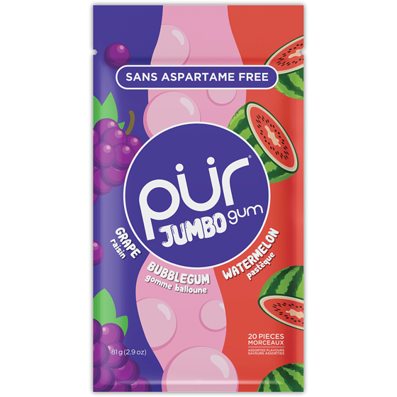 Pur Gum Jumbo Aspartame Free Natural Bubblegum, Grape, Watermelon Flavour Gum 81 g, $6.16/100g