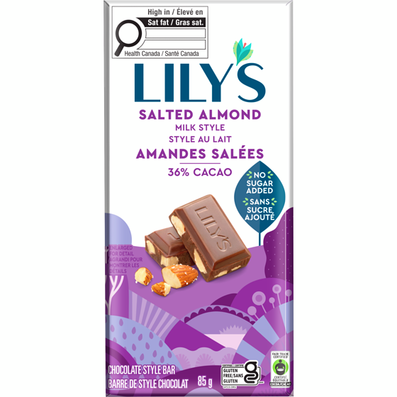 Lily’s Sweet’s Barre chocolatée barre chocolatée au lait et aux amandes salées 85 g, 7,64 $/100g