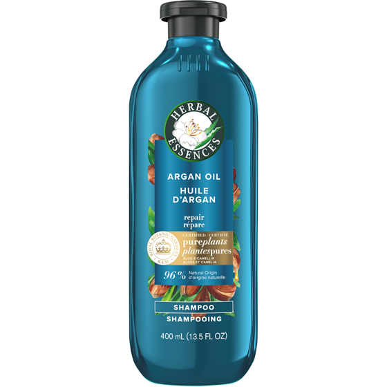 Herbal Essences Shampooing sans parabènes à l’huile d’argan, réparation capillaire, avec huile de camélia et aloès certifiés, pour tous les types de cheveux, particulièrement les cheveux endommagés 400 ml, 3,00 $/100ml