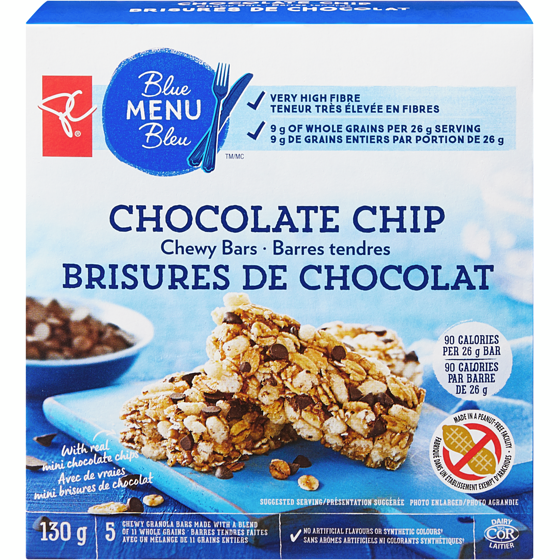 PC Blue Menu Chocolate Chip Chewy Bars 130 g, $2.53/100g