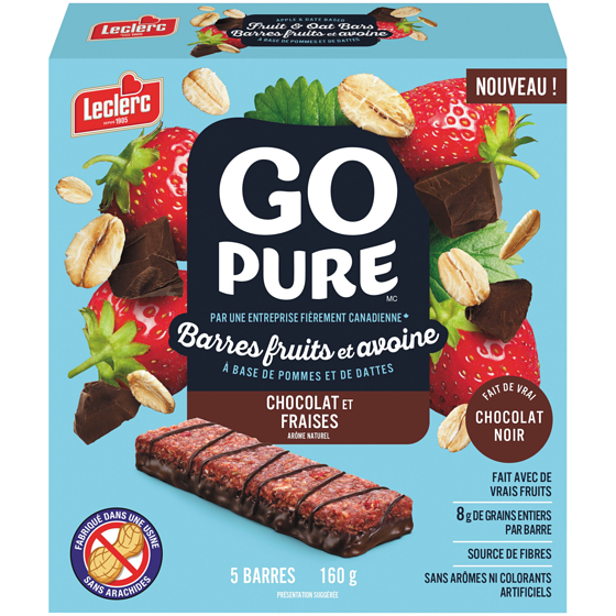 Leclerc Go Pure Barres aux fruits et à l'avoine, chocolat et fraise 160 g, 2,68 $/100g