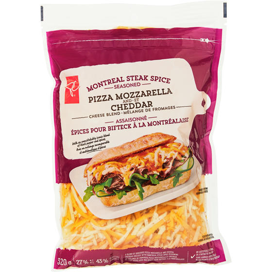 President's Choice Montreal Steak Spice Seasoned Pizza Mozzarella and Cheddar Cheese Blend 320 g, $2.12/100g