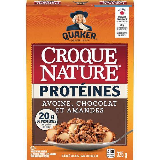 Quaker Croque Nature Proteine Avoine, chocolat et amande Céréales prêtes à servir 325 g, 2,46 $/100g