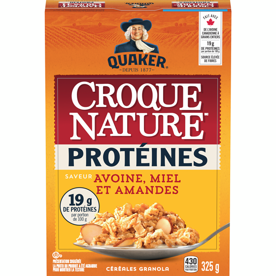 Quaker Croque Nature Proteine Avoine, Miel et amande Céréales prêtes à servir 325 g, 2,00 $/100g
