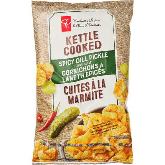 le Choix du Président Croustilles à saveur de Cornichons à l'aneth épicés, cuites à la marmite 200 g, 1,50 $/100g