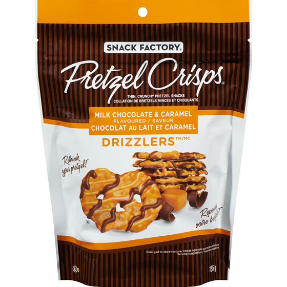The Snack Factory Pretzel Crisps Drizzlers Thin, Crunchy Pretzel Snacks Milk Chocolate & Caramel Flavoured 155 g, $4.52/100g