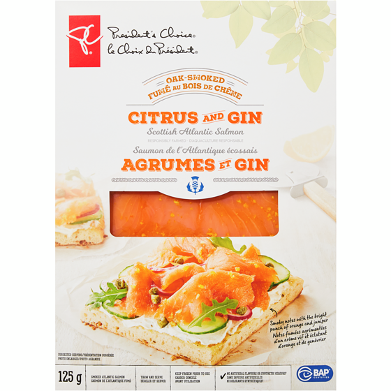 le Choix du Président Saumon de l’Atlantique écossais agrumes et gin fumé au bois de chêne 125 g, 10,40 $/100g