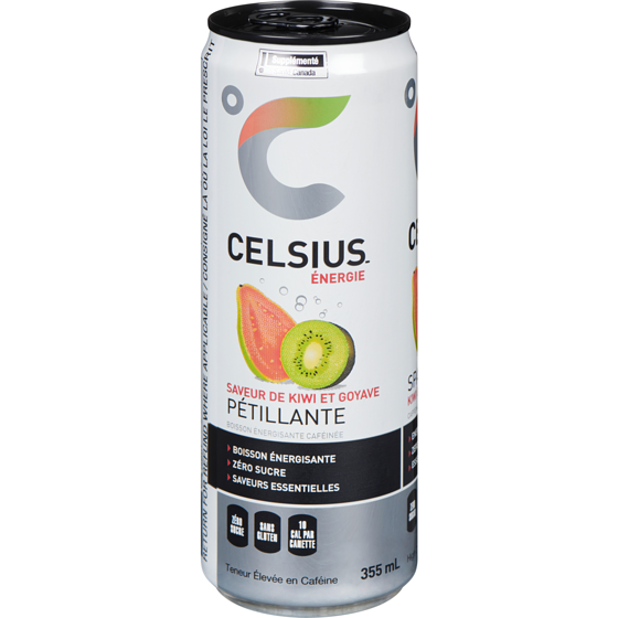Celsius saveur de kiwi et goyave  355 ml, 1,26 $/100ml
