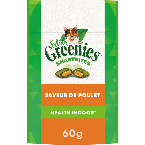 Greenies Gâteries naturelles pour chats adultes SMARTBITES Healthy Indoor saveur de poulet de la gamme FELINE 60 g, 8,32 $/100g
