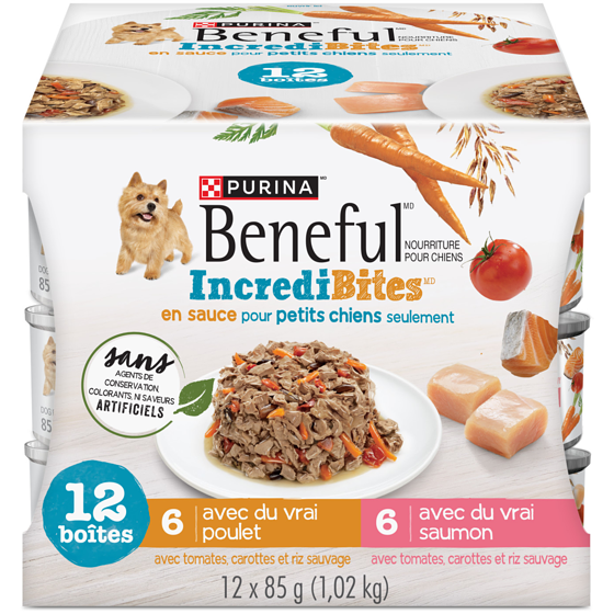 Purina (MD) Beneful(MD) IncrediBites(MC) avec du Vrai Poulet et du Vrai Saumon en Sauce pour Petits Chiens Seulement Nourriture pour Chiens 12-85 g 1.02 kg, 1,37 $/100g