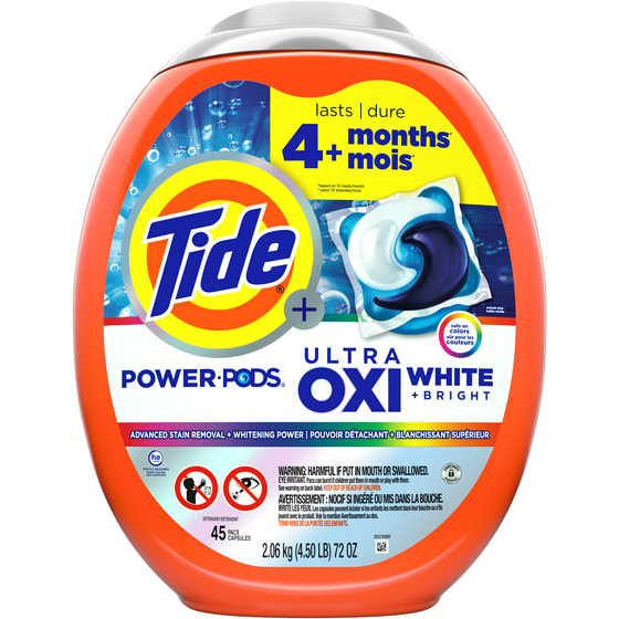 Tide Power PODS Plus Ultra OXI White and Bright Laundry Detergent, 45 Count, Advanced Stain Removal and Whitening Power 45 ea, $0.60/1ea