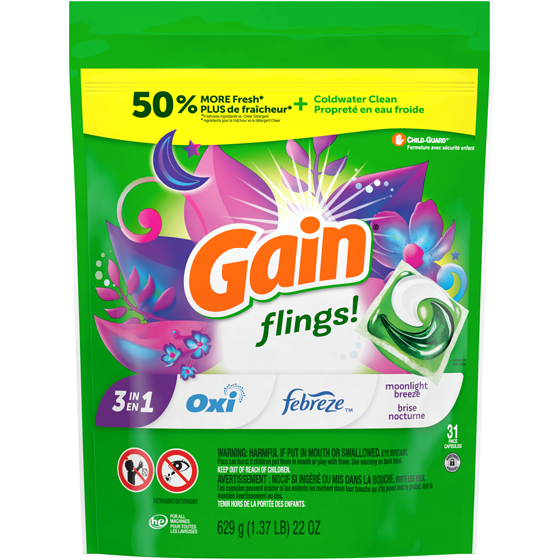 Gain flings Laundry Detergent Soap Pacs, HE Compatible, 31 ct, Long Lasting Scent, Moonlight Breeze 660 g, $2.12/100g