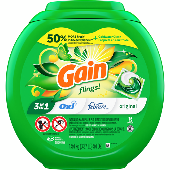 Gain Flings Laundry Detergent Pacs, 76 Count, Original Scent, 3 in 1 HE Detergent Pacs with Oxi Boost and Febreeze 1.54 kg, $1.43/100g