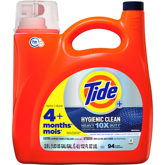 Tide Détergent à lessive liquide Hygienic Clean Heavy Duty 10X, parfum Original, compatible avec les laveuses HE, 94 brassées  3.9 l, 0,56 $/100ml