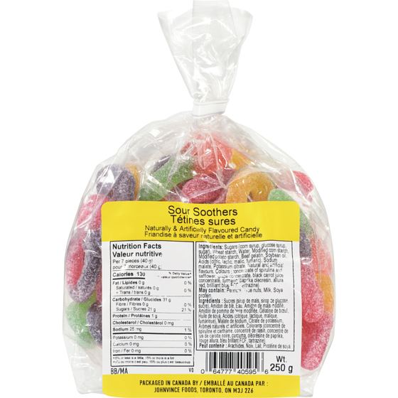 Johnvince Foods Naturally & Artificially Flavoured Candy Sour Soothers 250 g, $1.20/100g