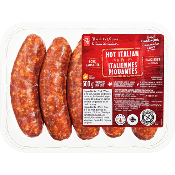 President's Choice Hot Italian Pork Sausages 500 g, $1.60/100g