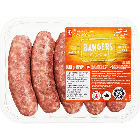 President's Choice Bangers Pork Sausages 500 g, $1.40/100g