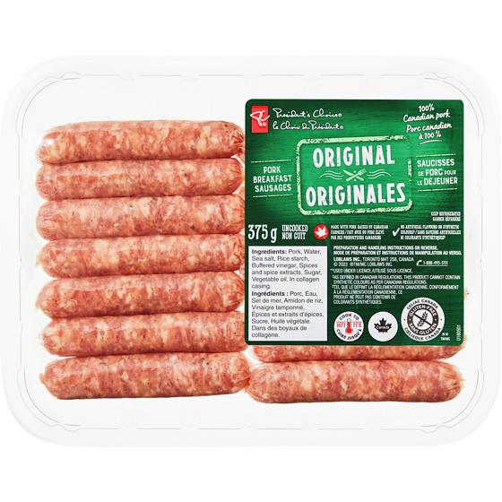 President's Choice Original Pork Breakfast Sausages 375 g, $2.00/100g