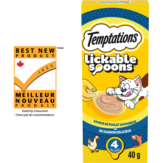 Temptations Gâteries pour chats LICKABLE SPOONS saveur de poulet savoureux et de saumon délicieux 40 g, 8,73 $/100g