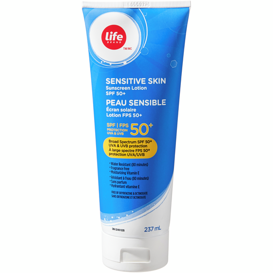 Life Brand Sensitive Skin Sunscreen Lotion SPF 50+ 237 ml, $4.85/100ml