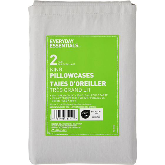 Everyday Essentials Ensemble de taies d’oreiller 2 pièces en percale pour très grand lit 1 ea, 10,00 $/1ch