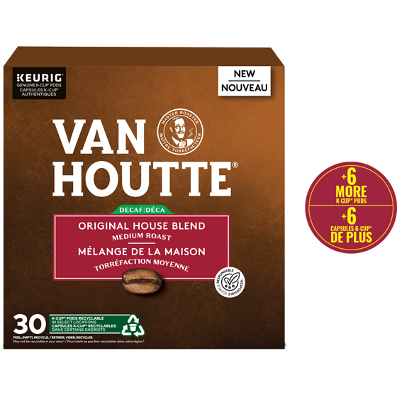 Van Houtte Capsules K-Cup de café Mélange de la maison Van Houtte, torréfaction moyenne, déca, 30 unités 30 ea, 1,07 $/1ch