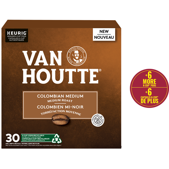 Van Houtte Capsules K-Cup de café colombien moyenne Van Houtte, torréfaction moyenne, 30 unités 30 ea, 1,03 $/1ch