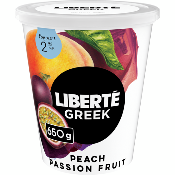Liberte Greek Yogourt Peach Passion Fruit 2 % M.F. 650 g, $1.23/100g