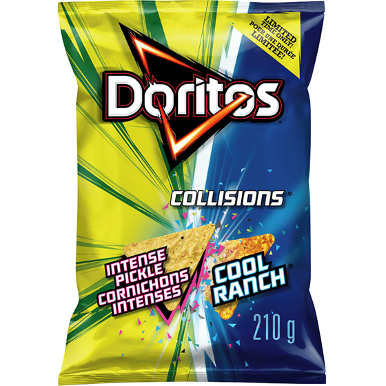 Doritos Collisions chips tortilla aromatisées Cornichons intenses et Cool Ranch 210 g, 2,14 $/100g