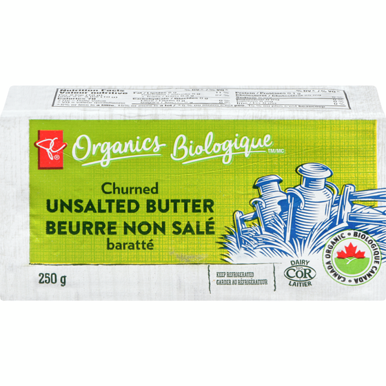 PC Biologique Biologique beurre non salé baratté 250 g, 2,72 $/100g
